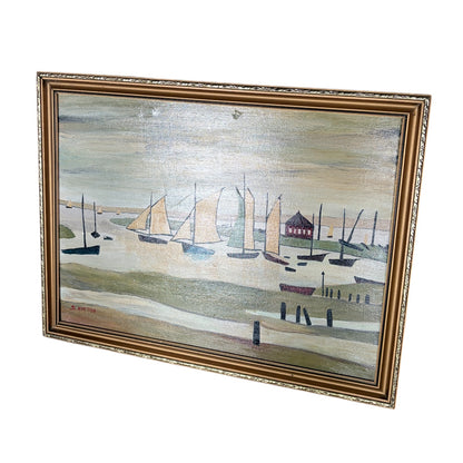 Vintage Coastal Harbour Painting by D. Ayrton – Sailboats & Shoreline in Ornate Gold Frame