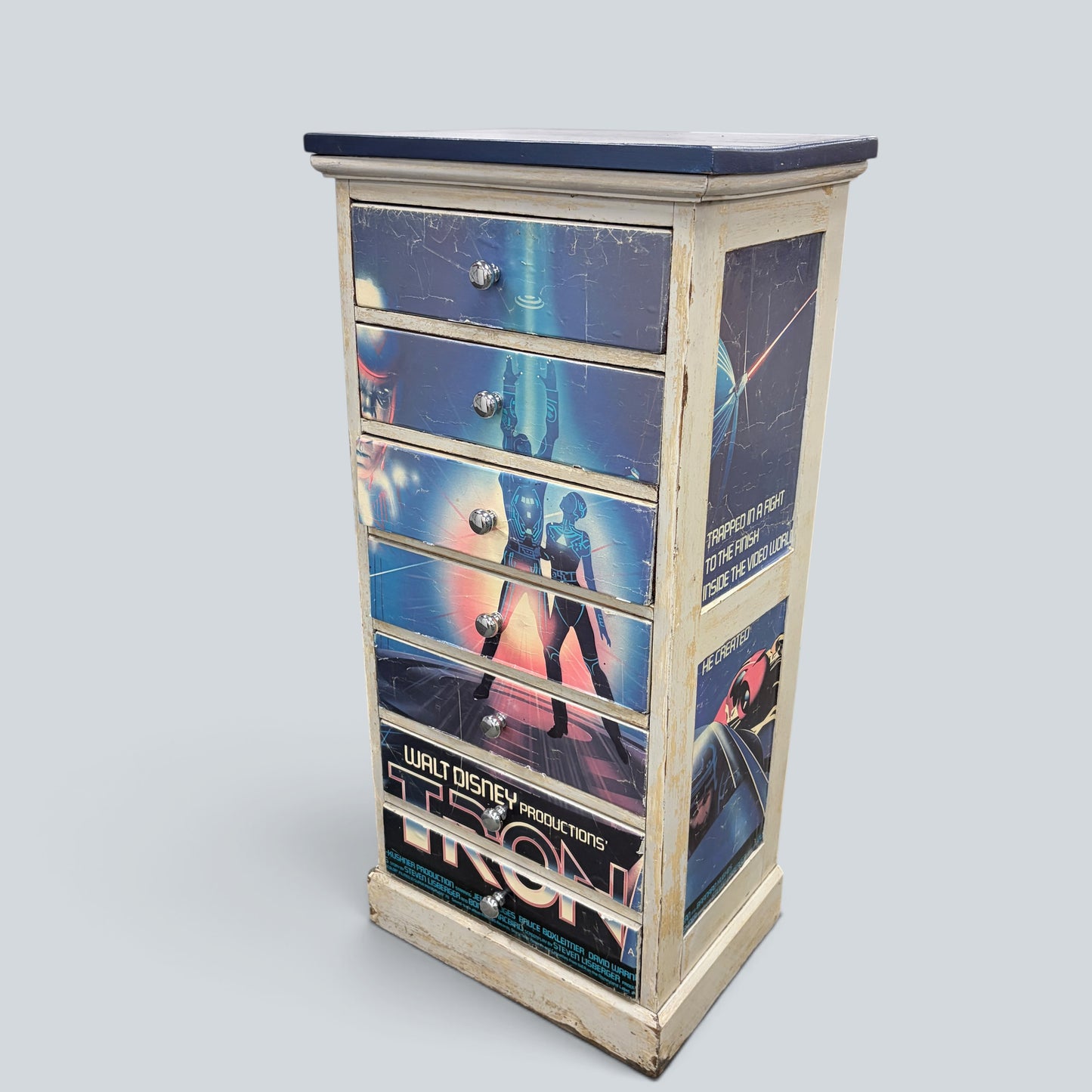 Vintage Disney TRON Tallboy Chest of Drawers | Upcycled Film Poster Storage Cabinet | Retro Sci-Fi Furniture