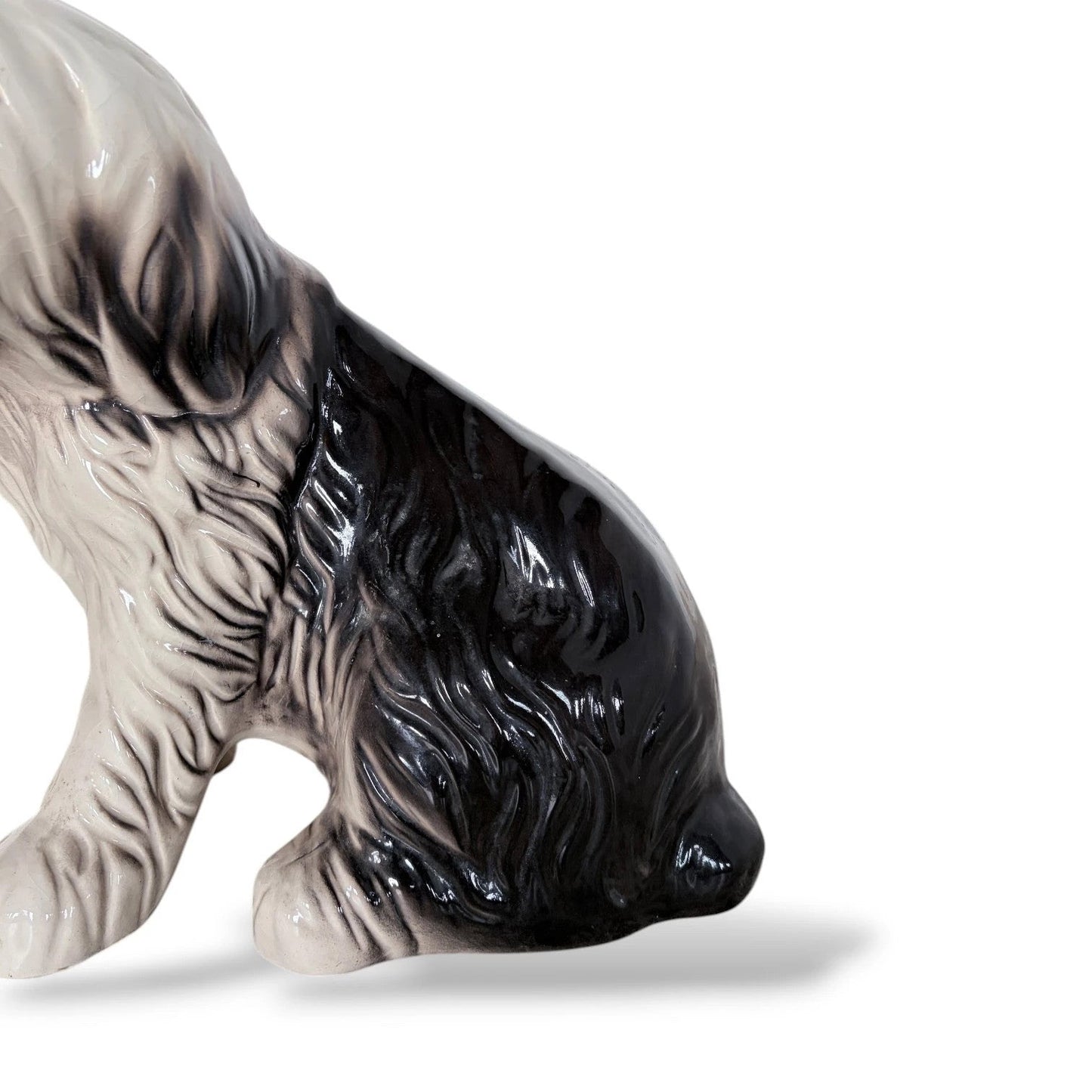 Large Vintage Old English Sheepdog Ceramic Statue – Mid-Century Black & White Glazed Dog Sculpture