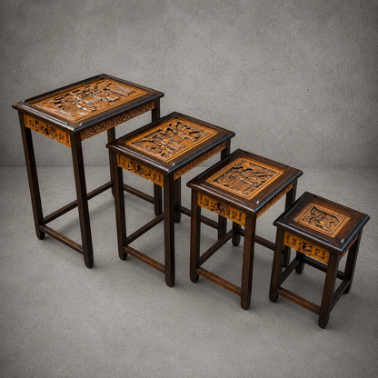 Antique Chinese Camphor Wood Carved Nest of Four Tables