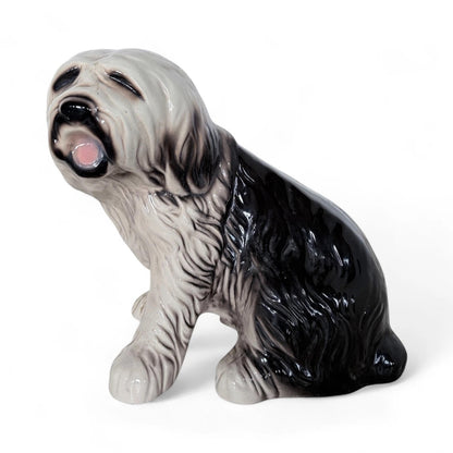 Large Vintage Old English Sheepdog Ceramic Statue – Mid-Century Black & White Glazed Dog Sculpture