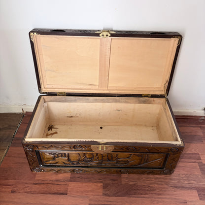 Antique Chinese Camphor Wood Carved Blanket Chest Hand-Carved Hope Chest Storage Trunk