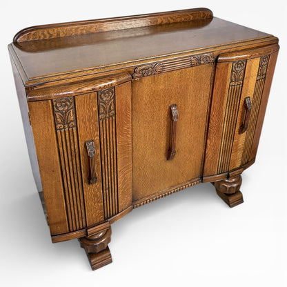 Art Deco Sideboard | 1930s Vintage Oak Drinks Cabinet With Geometric Carved Storage
