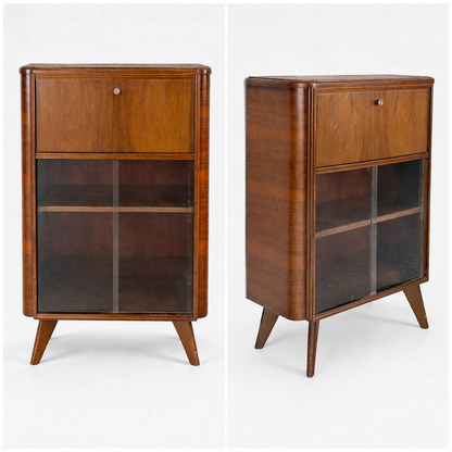 Art Deco Walnut Bureau Drinks Cabinet with Glazed Display