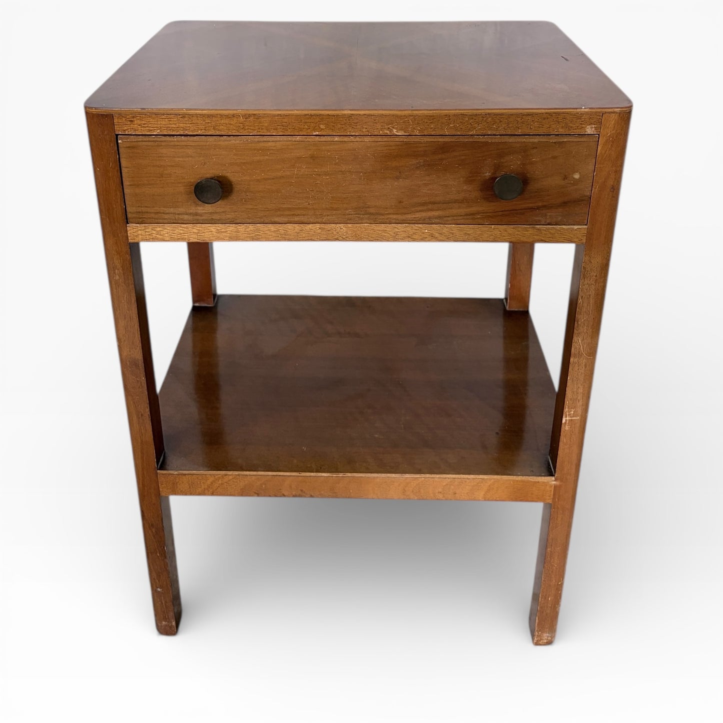 Art Deco Bedside Table – Walnut Nightstand with Drawer & Open Shelf, 1930s Design