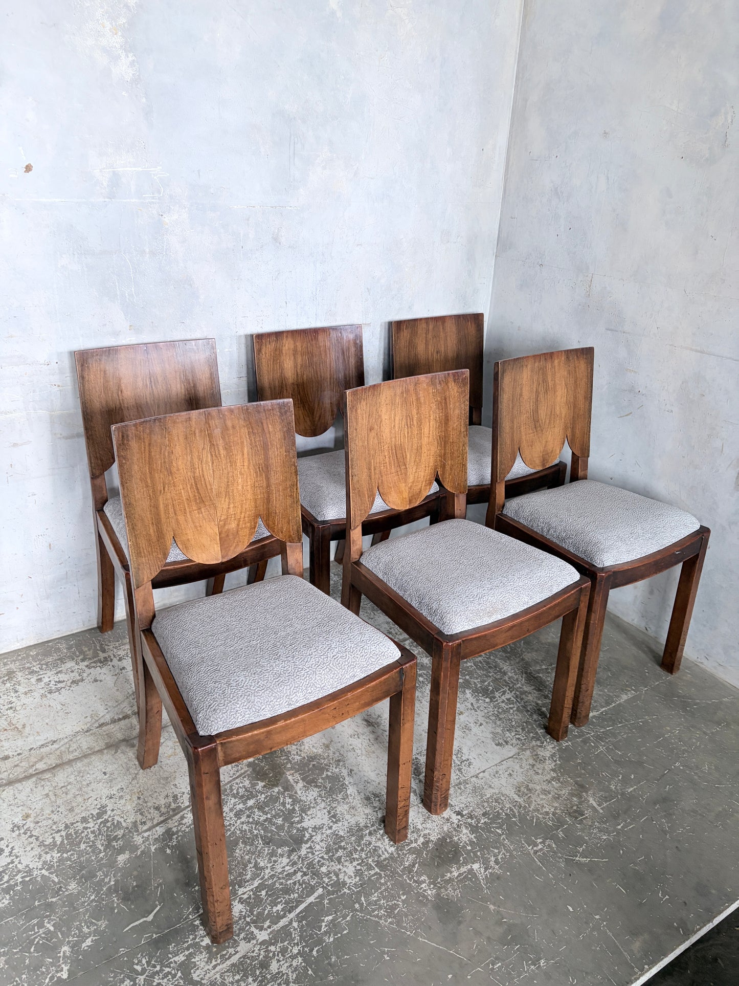 Art Deco Walnut Dining Chairs – Set of Six Sculptural Vintage Dining Chairs