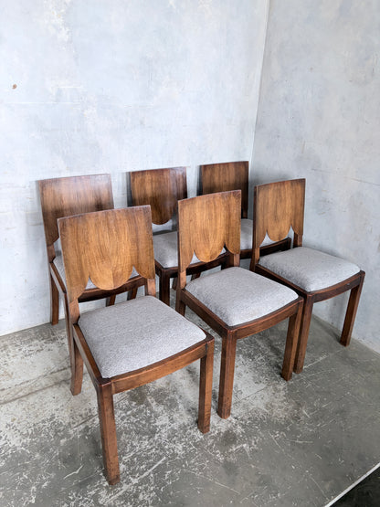 Art Deco Walnut Dining Chairs – Set of Six Sculptural Vintage Dining Chairs