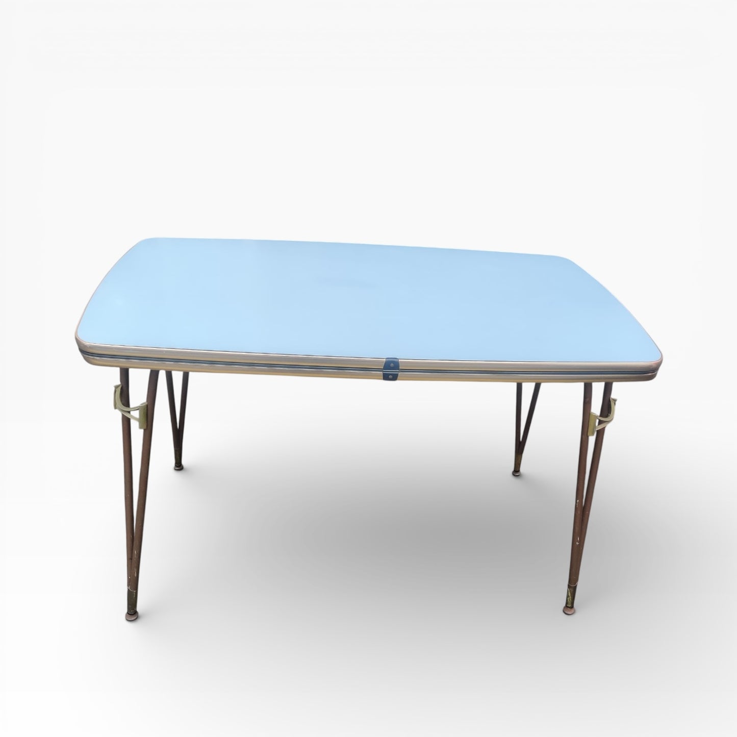 Mid Century Italian Blue Formica Dining Table with Brass & Tapered Legs – 1950s Retro Kitchen Table — view 7
