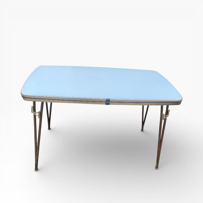 Mid Century Italian Blue Formica Dining Table with Brass & Tapered Legs – 1950s Retro Kitchen Table — view 7