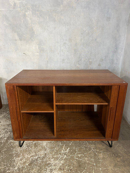 Mid Century Danish Teak Tambour Cabinet on Hairpin Legs | Vintage Sideboard Storage