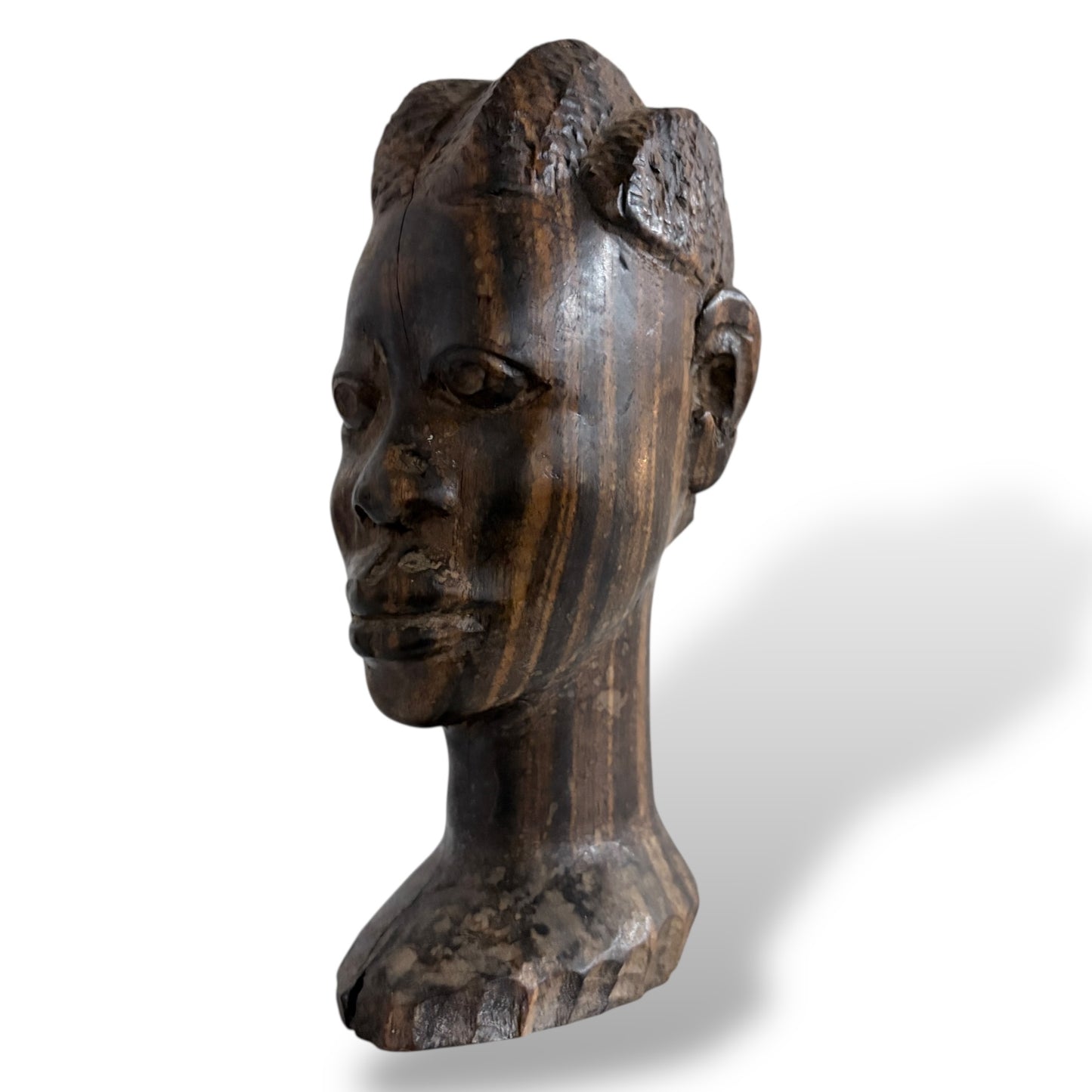 Hand-Carved Wooden Head Sculpture – Mid Century / Tribal Style Decorative Bust — view 2