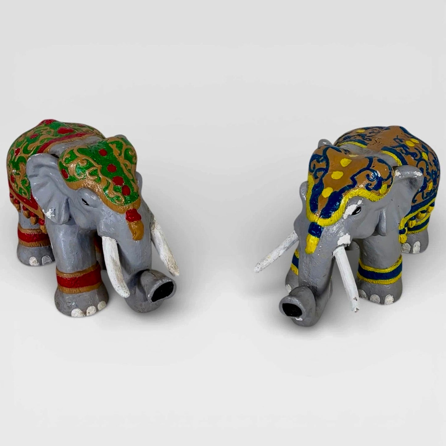 Pair of Hand Painted Indian Elephant Sculptures | Decorative Folk Art Figures