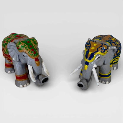 Pair of Hand Painted Indian Elephant Sculptures | Decorative Folk Art Figures