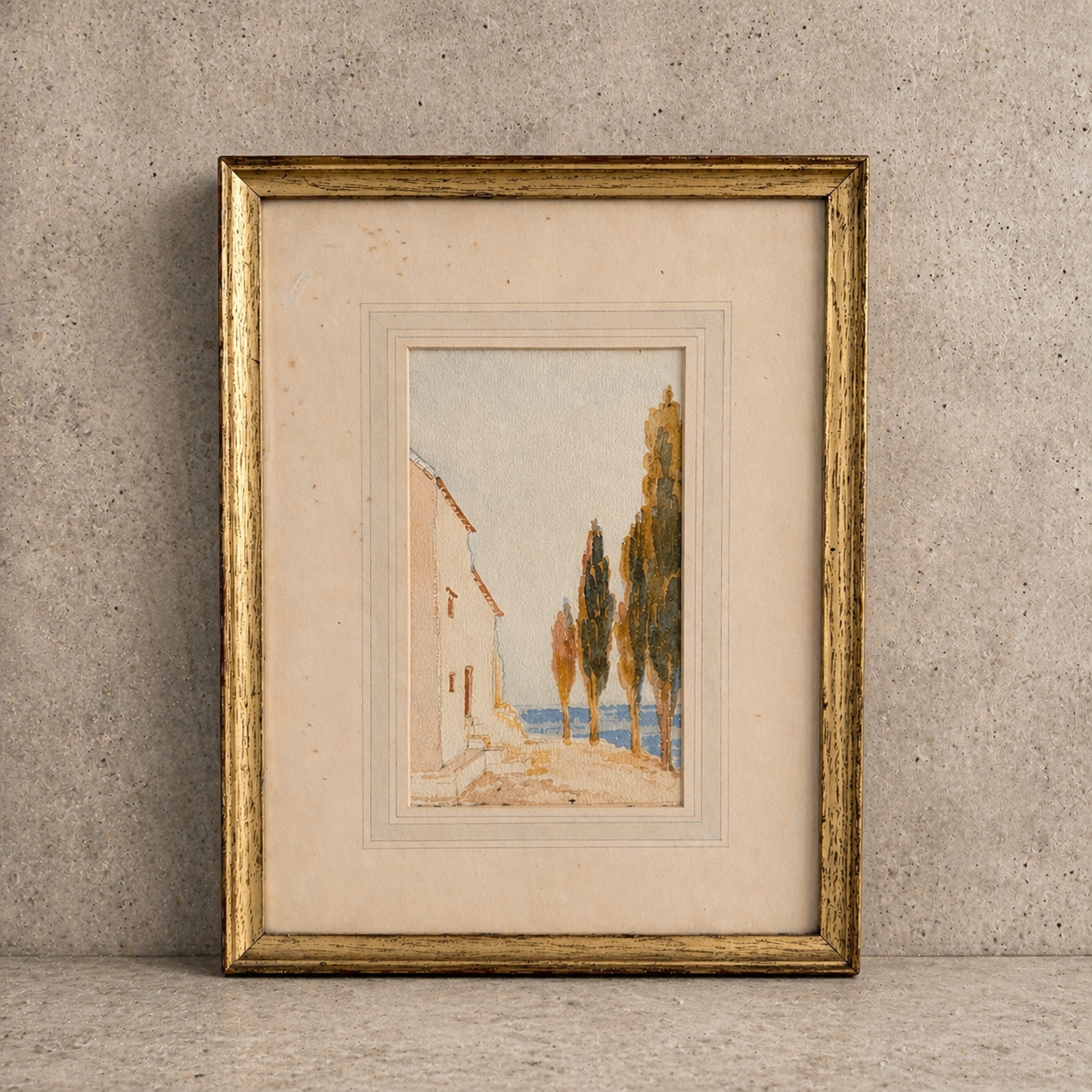 Framed Vintage Watercolour – Dreamy Coastal Scene in Gilt Frame