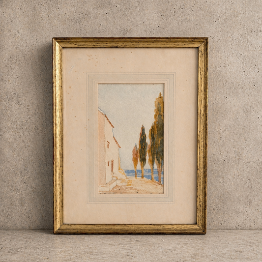 Framed Vintage Watercolour – Dreamy Coastal Scene in Gilt Frame