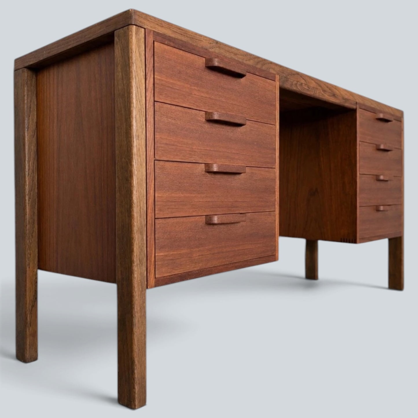 Mid Century Alfred Cox Teak and Oak Twin Pedestal Desk Eight Drawer Executive Office Desk