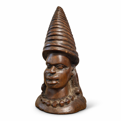 African Hand-Carved Wooden Bust Sculpture with Conical Headdress – Tribal Art