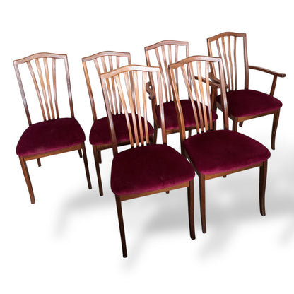 Set of 6 Vintage Teak Dining Chairs with Red Upholstery (2 Carvers + 4 Dining Chairs)
