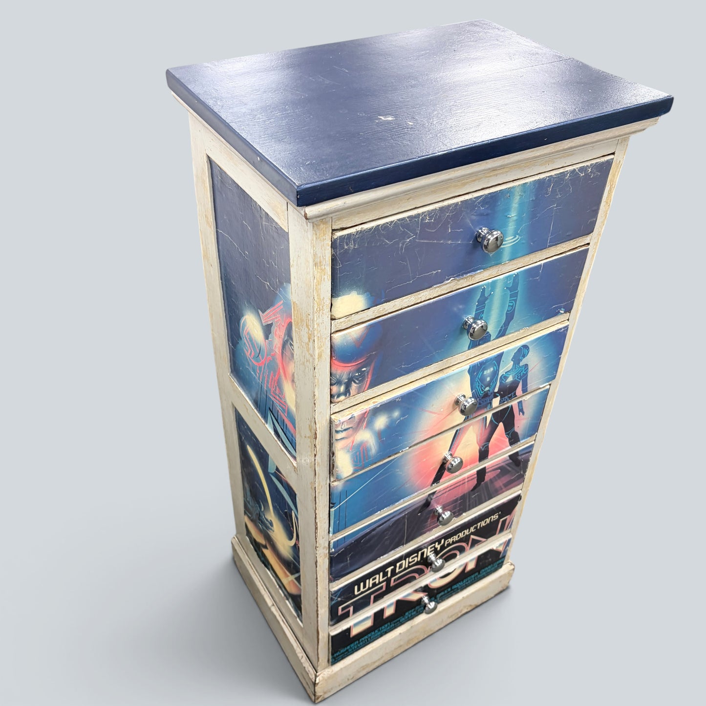 Vintage Disney TRON Tallboy Chest of Drawers | Upcycled Film Poster Storage Cabinet | Retro Sci-Fi Furniture