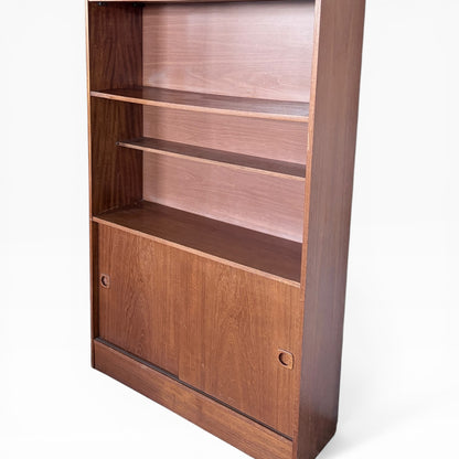 Vintage Danish Teak Tall Bookcase Cabinet with Sliding Doors