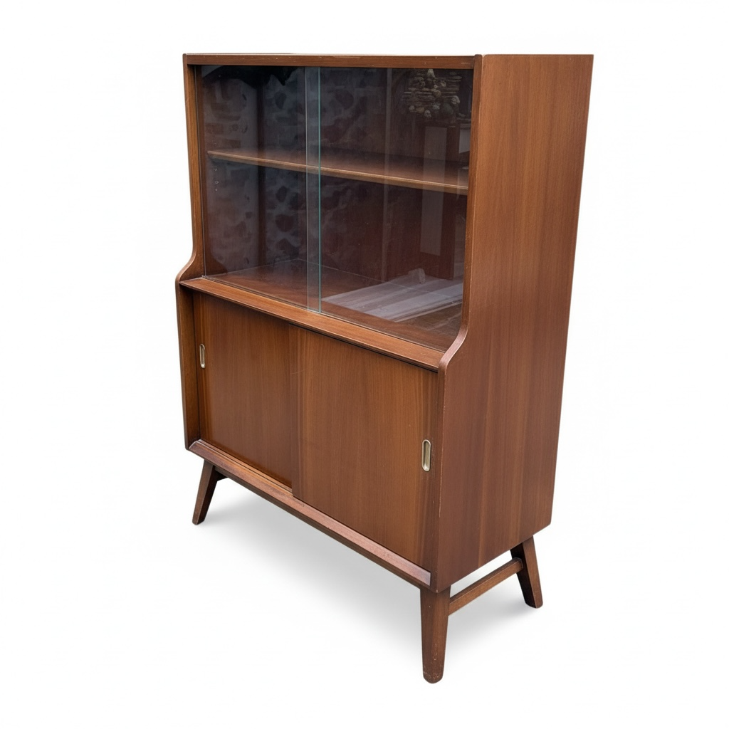 Mid Century Display Cabinet – Walnut Glazed Bookcase With Sliding Glass Doors