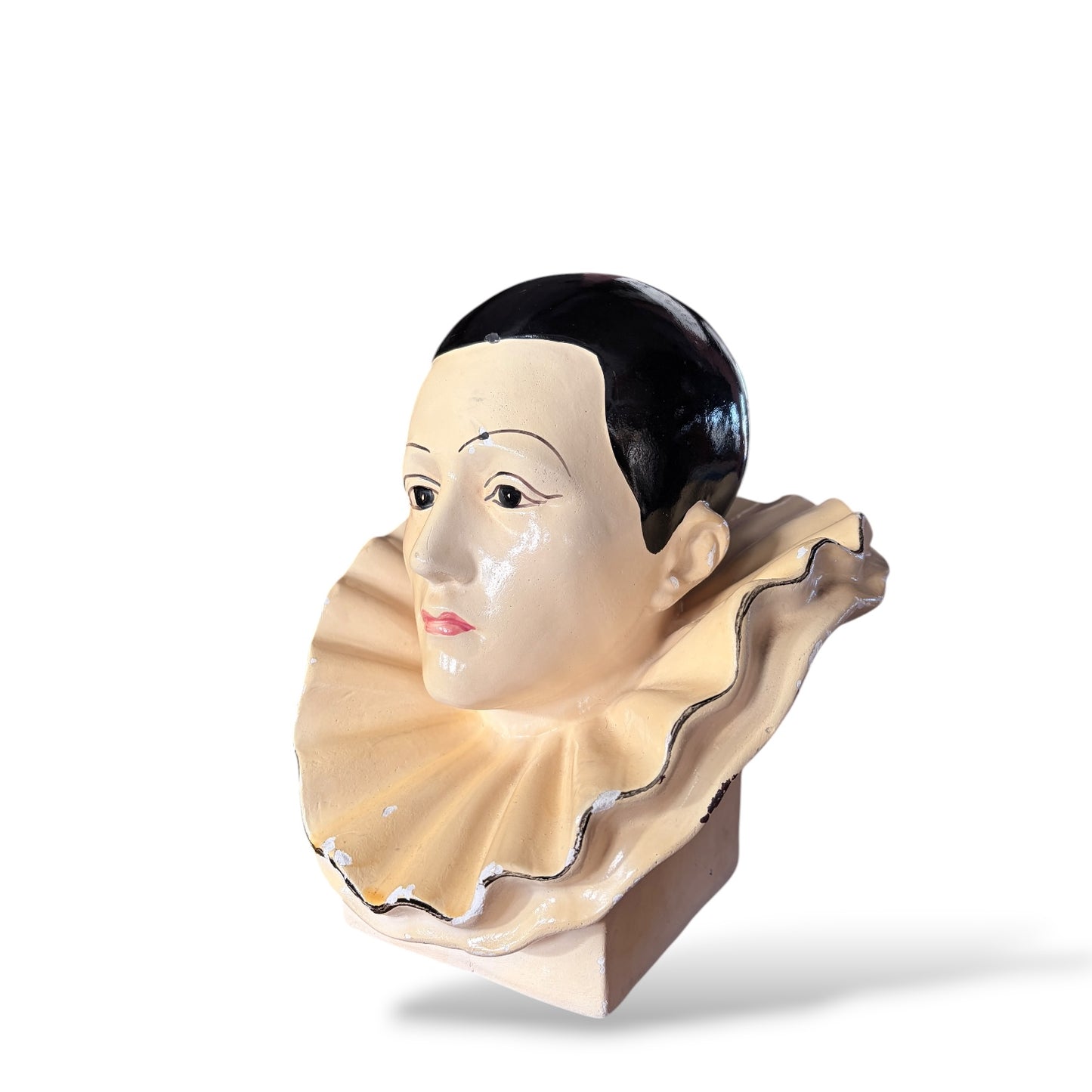 Pierrot Plaster Bust – Hand-Painted Vintage Art Statue With Aged Finish
