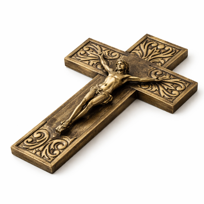 1970s Brass & Oak Crucifix Wall Sculpture – Vintage Religious Wall Art