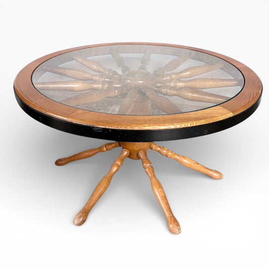 Vintage Ship Wheel Table – Elm and Oak Nautical Coffee Table with Glass Top