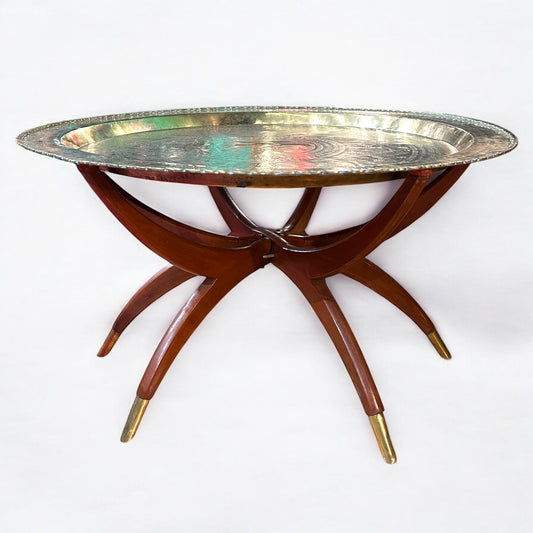 Mid Century Modern Oval Brass Tea Tray Table Oriental Coffee Table With Spider Leg Base