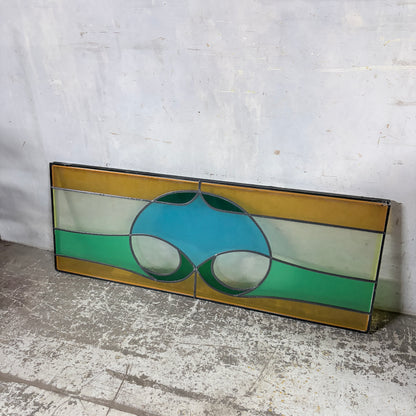 Vintage Stained Glass Window Panel – Geometric Leaded Glass in Green, Amber & Blue