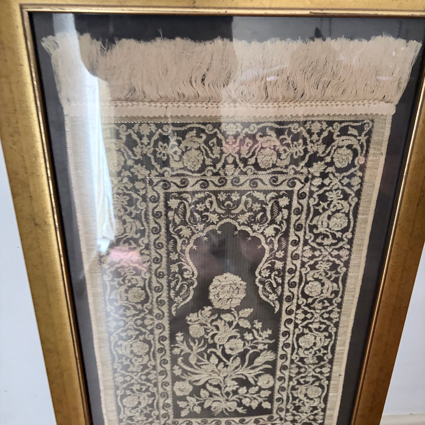 Framed Vintage Islamic Prayer Rug | Woven Textile Wall Art | Gold Frame