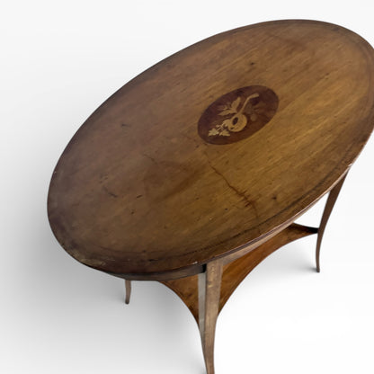 Edwardian Side Table - Antique Oval Wood Table with Decorative Inlay and Tapered Legs