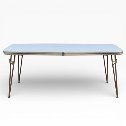 Mid Century Italian Blue Formica Dining Table & 4 Black Vinyl Chrome Chairs Set — view 4