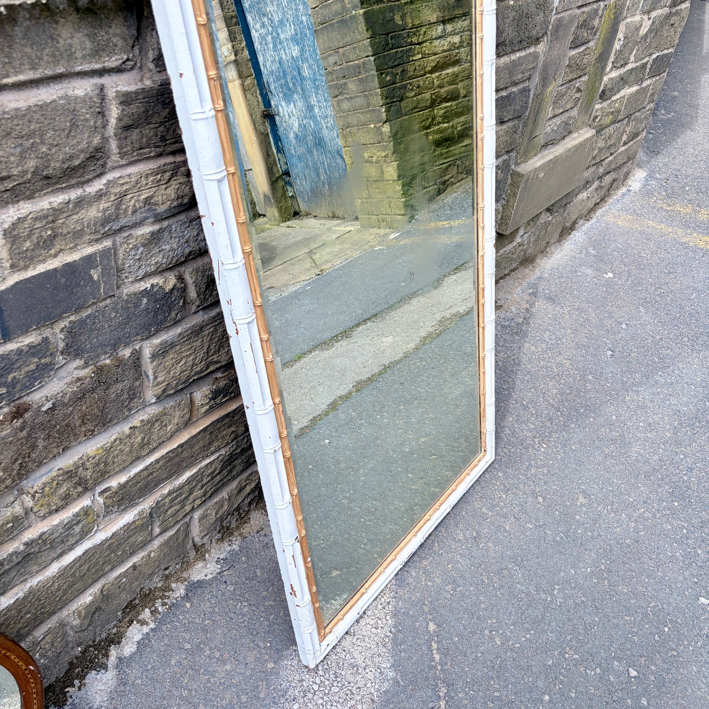 Mid Century Tall Faux Bamboo Floor Mirror in White & Gilt