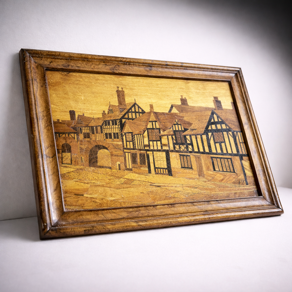 Antique Wood Marquetry Panel with Walnut Frame