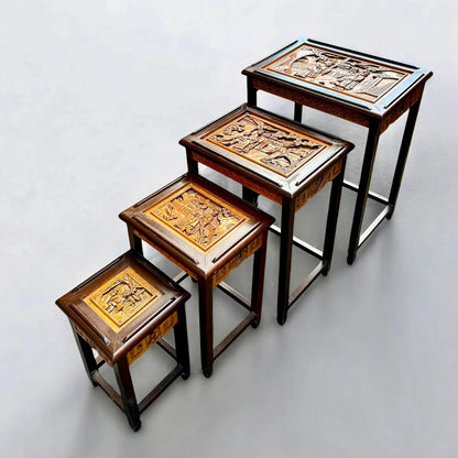 Antique Chinese Camphor Wood Carved Nest of Four Tables