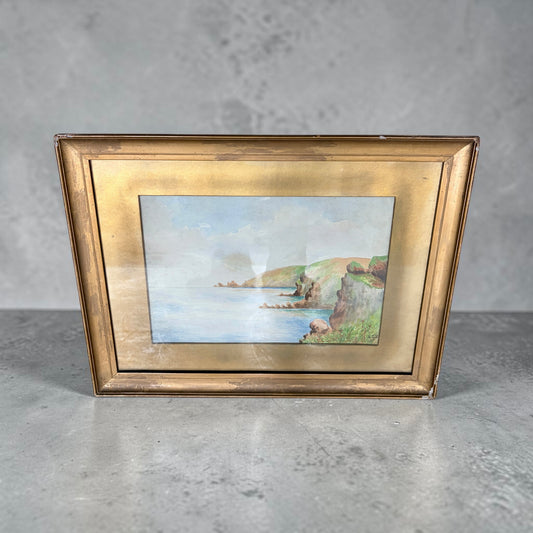 1950s Coastal Watercolour Landscape Painting in Original Gilt Frame