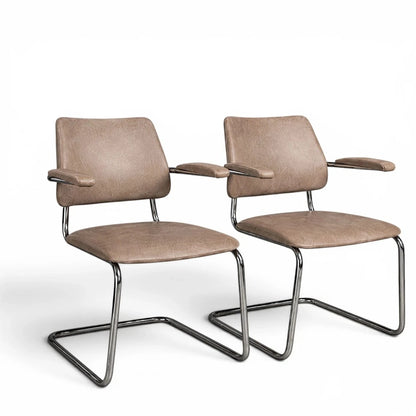 Taupe upholstered cantilever armchairs with chrome frames