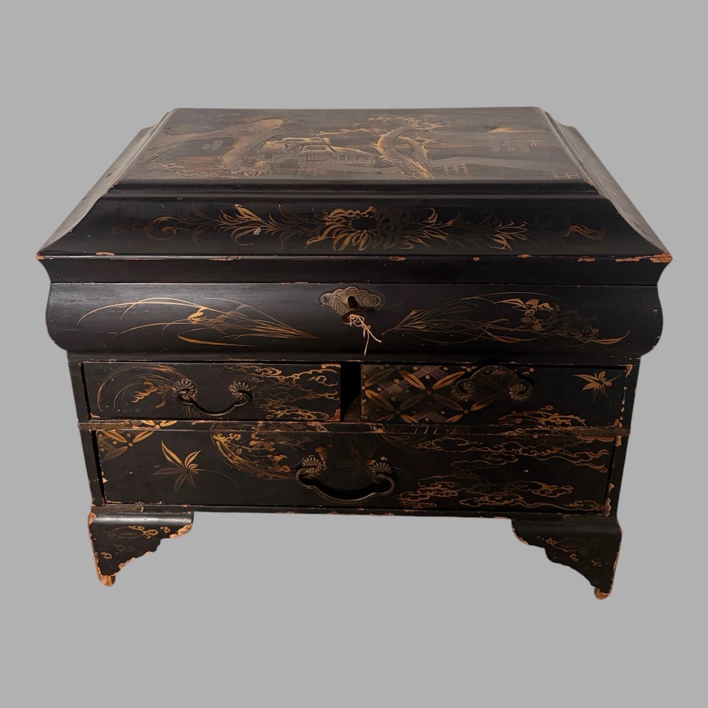 Antique Chinoiserie Black Lacquer Jewellery Box Chest - view 2