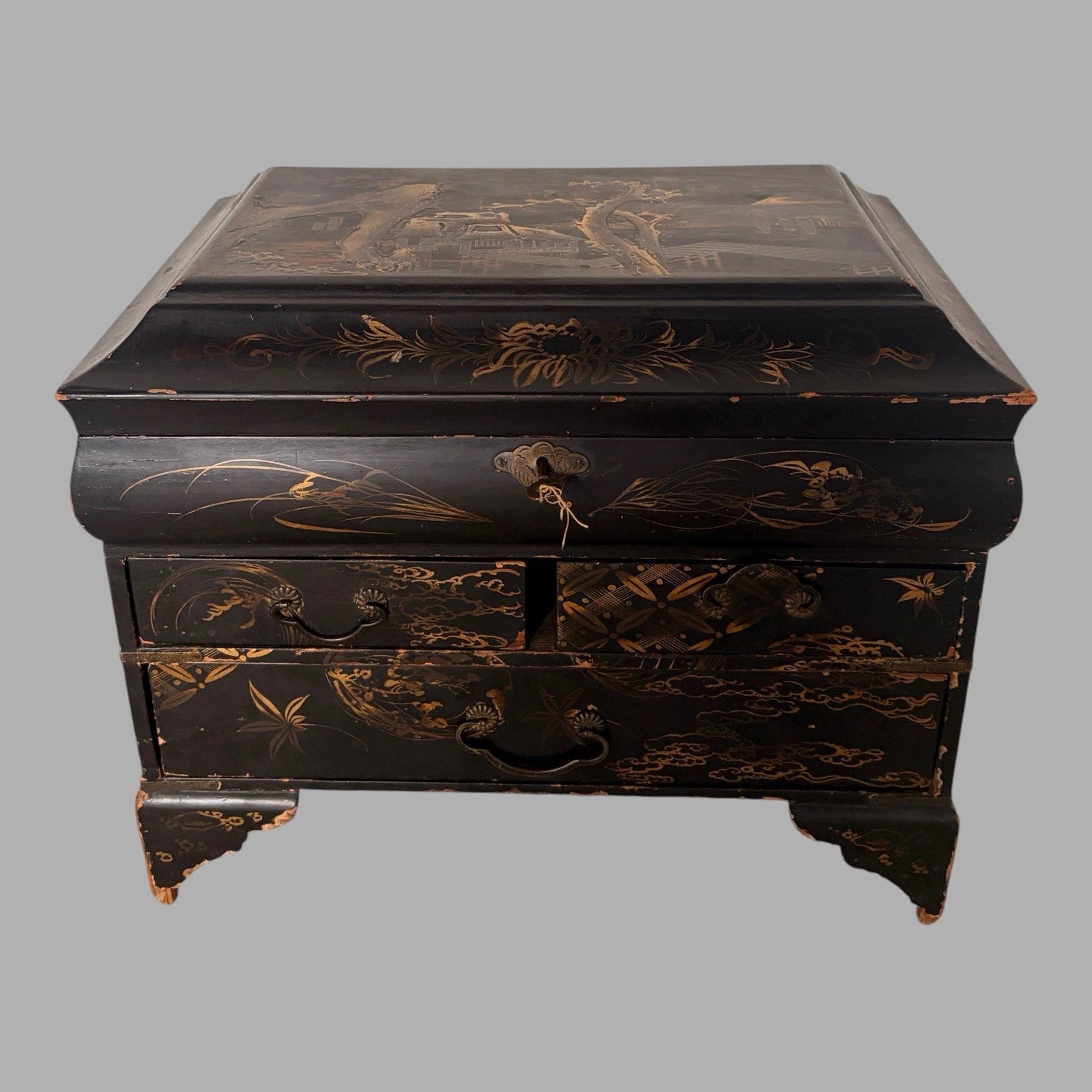 Antique Chinoiserie Black Lacquer Jewellery Box Chest - view 2