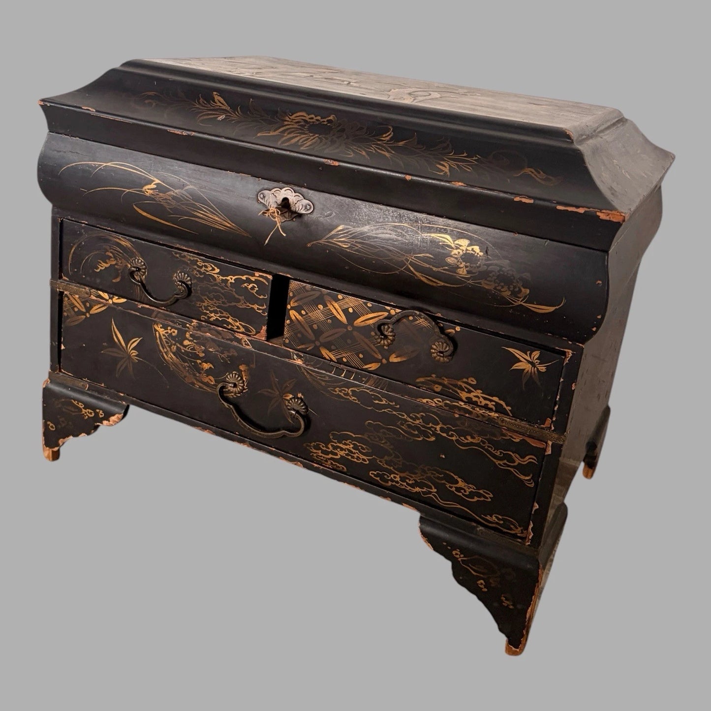 Antique Chinoiserie Black Lacquer Jewellery Box Chest - view 4