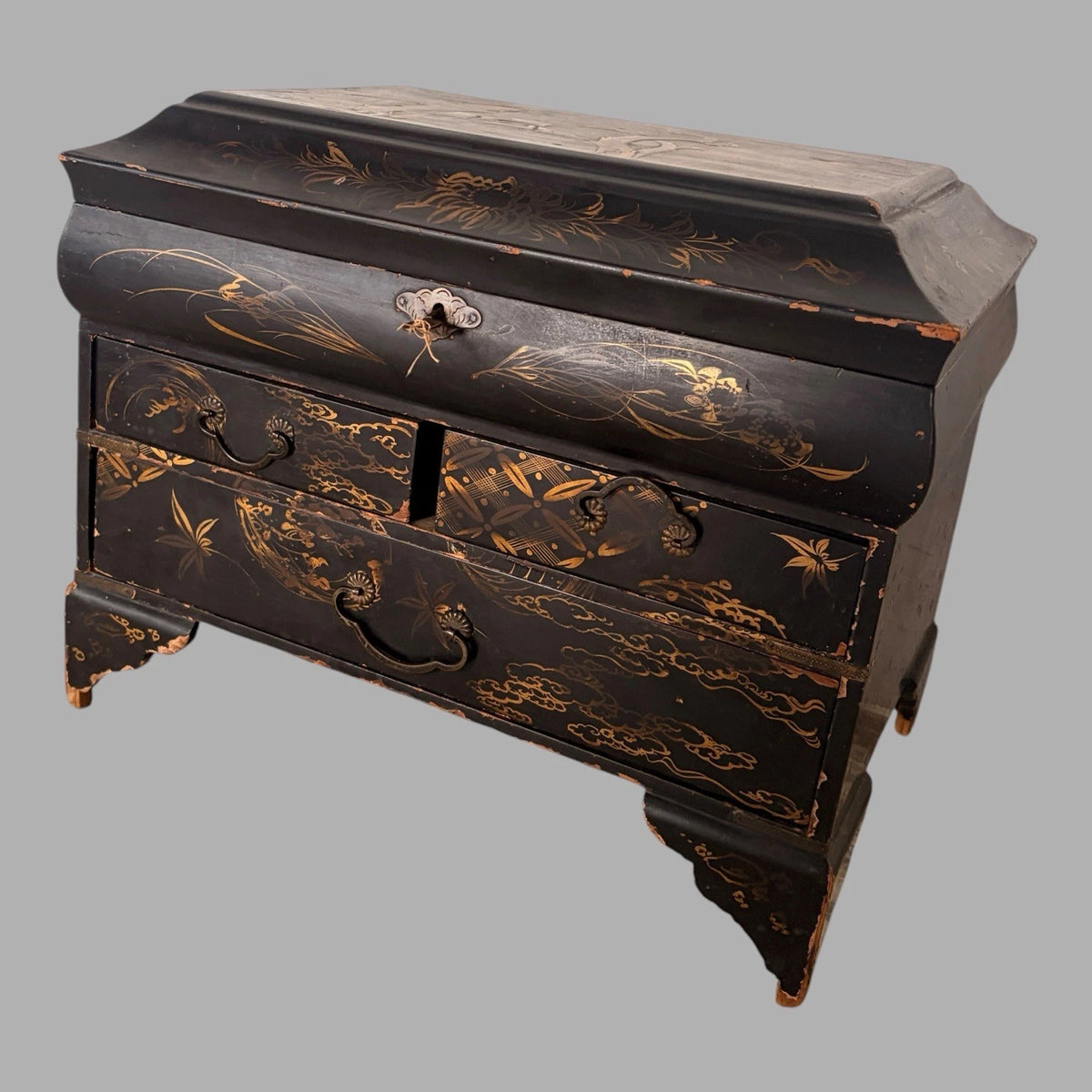 Antique Chinoiserie Black Lacquer Jewellery Box Chest - view 4