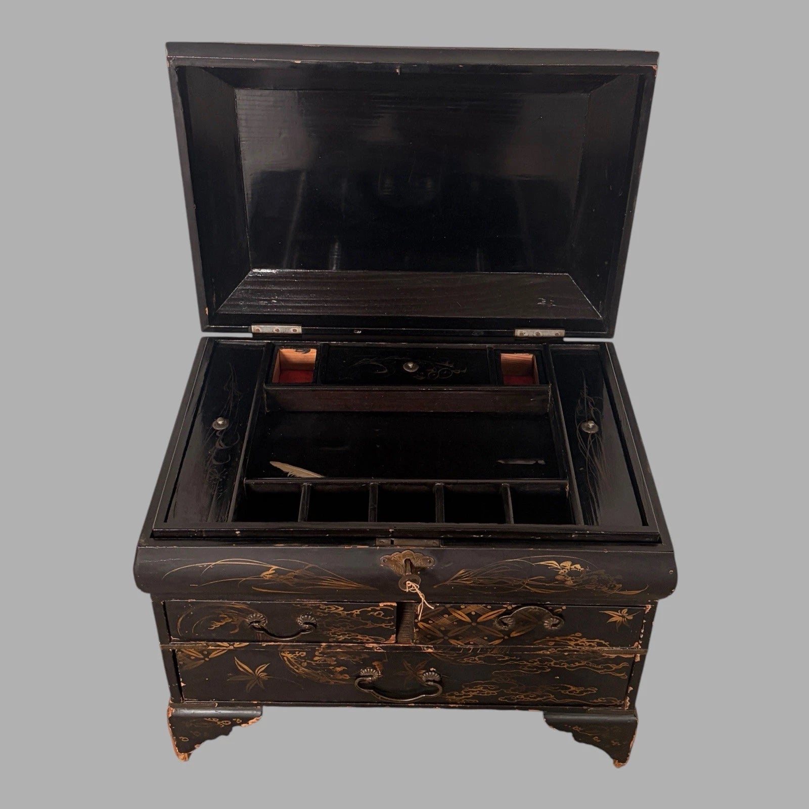 Antique Chinoiserie Black Lacquer Jewellery Box Chest - view 6