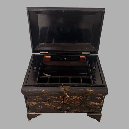 Antique Chinoiserie Black Lacquer Jewellery Box Chest - view 6