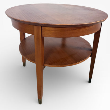 Mid Century Coffee Table - Round Two Tier Teak Table with Brass Capped Legs