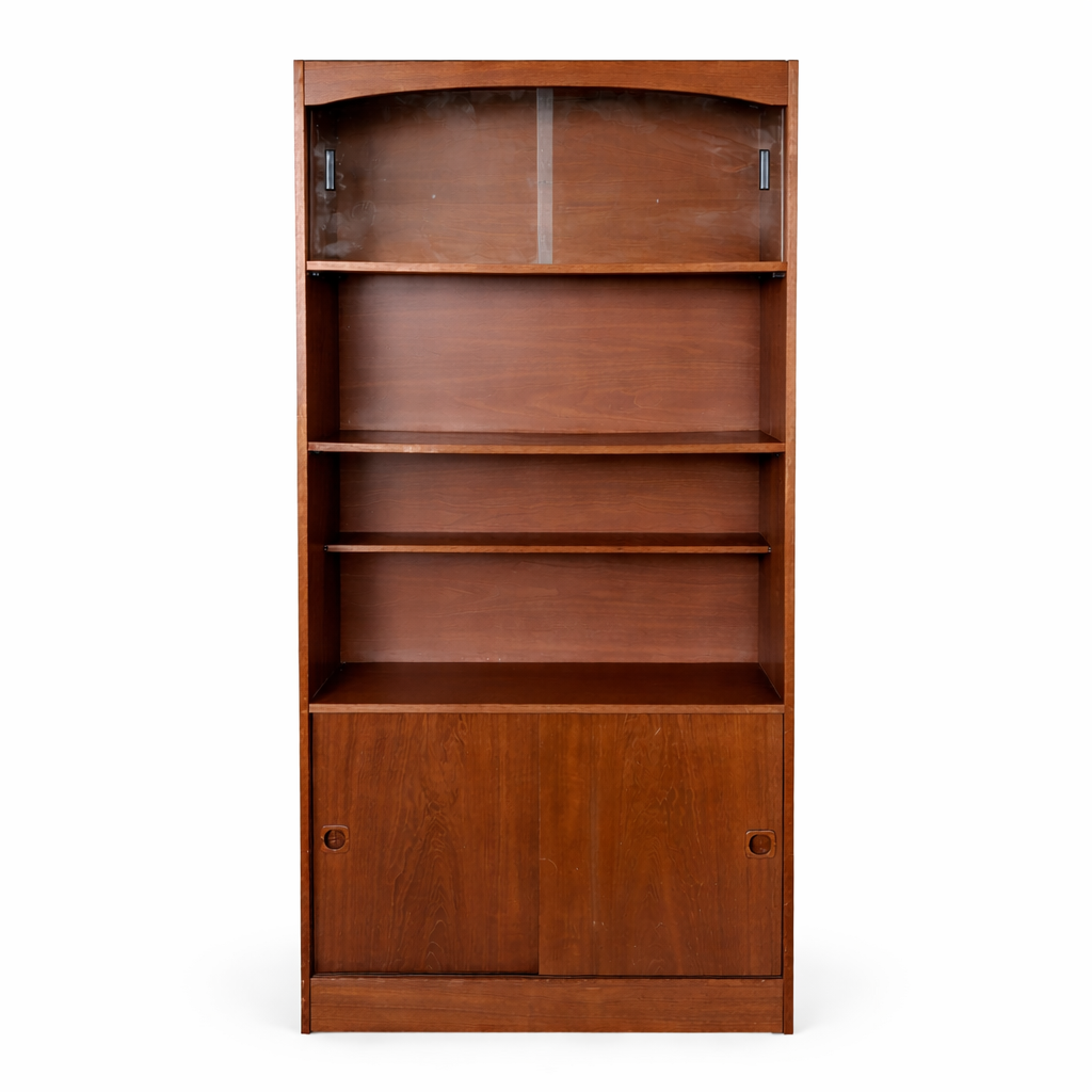 Vintage Danish Teak Tall Bookcase Cabinet with Sliding Doors