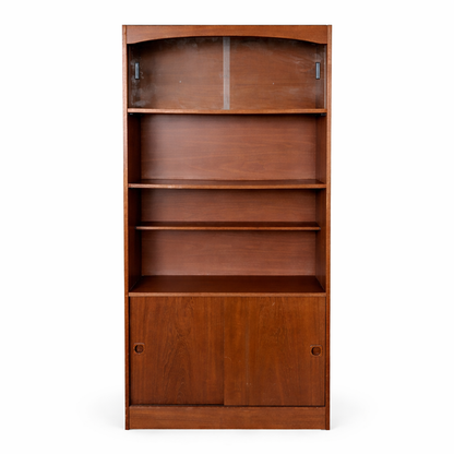 Vintage Danish Teak Tall Bookcase Cabinet with Sliding Doors