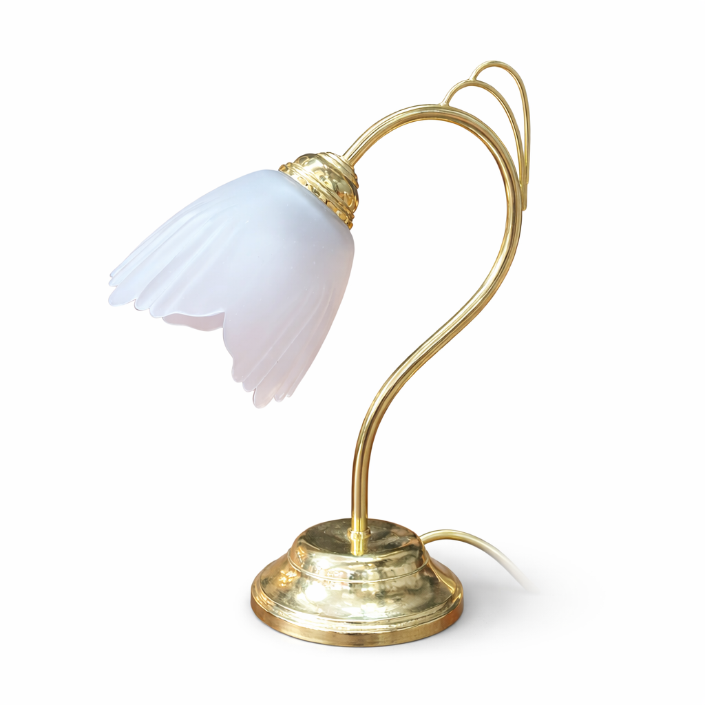 Vintage Brass & Frosted Glass Flower Table Lamp | Art Nouveau