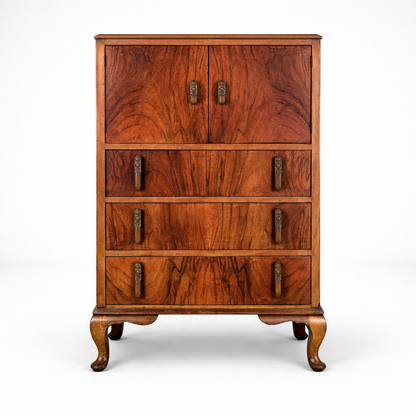 Art Deco Walnut Tallboy Chest of Drawers with Cabinet Top