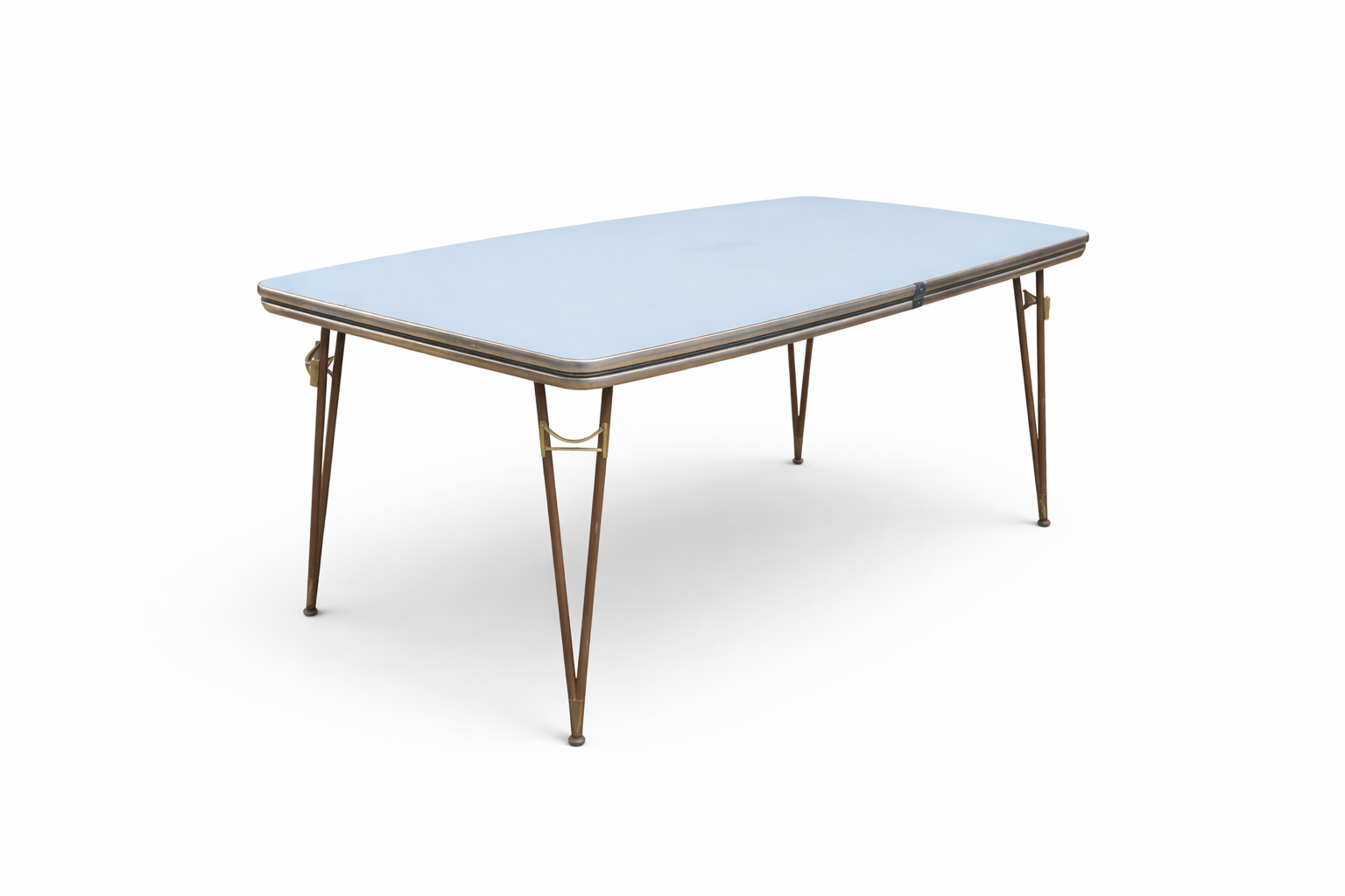 Mid Century Italian Blue Formica Dining Table & 4 Black Vinyl Chrome Chairs Set — view 7